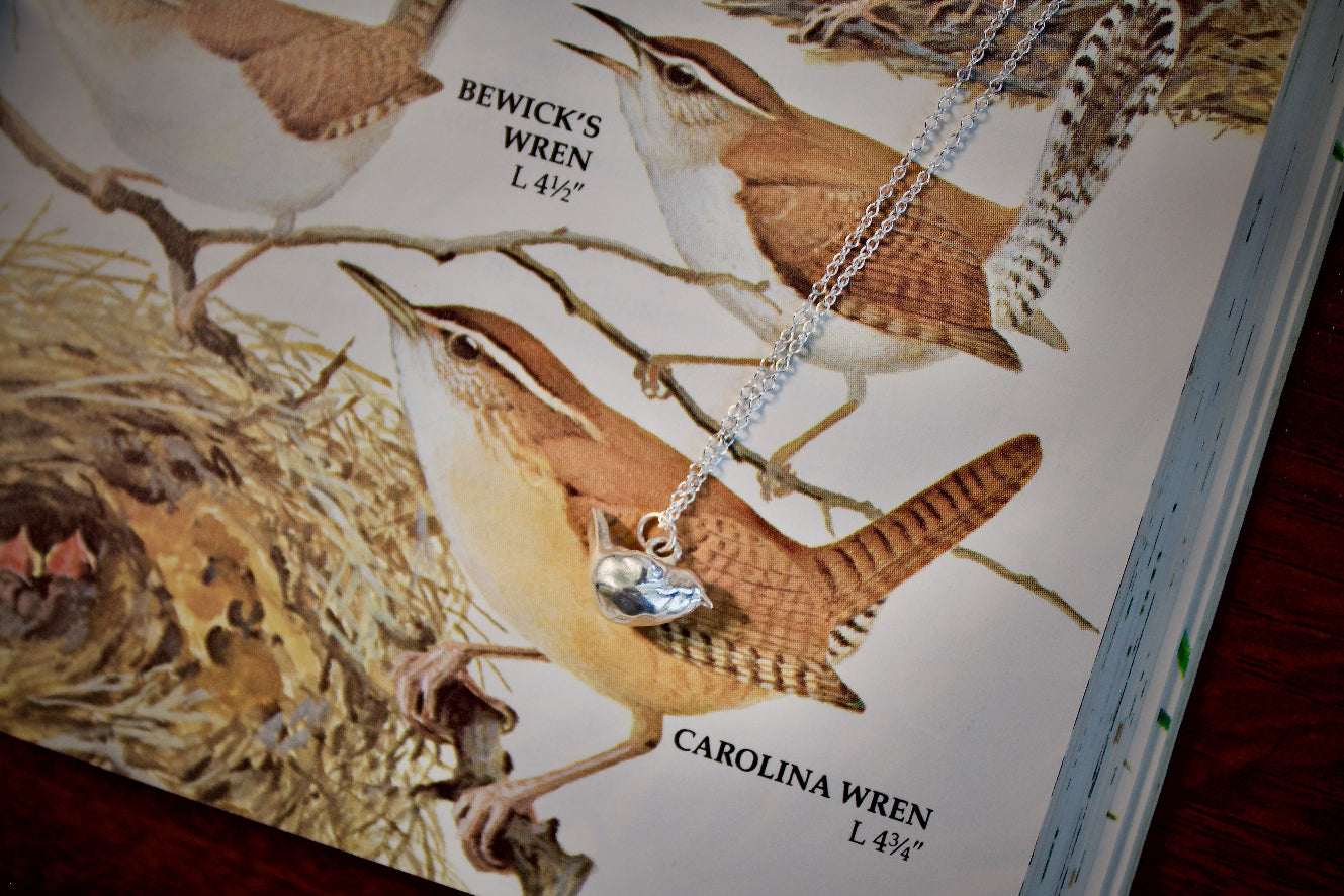 a product image of a sterling silver wren charm on top of a bird field guide.