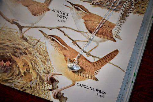 a product image of a sterling silver wren charm on top of a bird field guide.